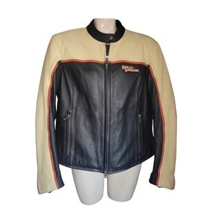 Harley Davidson Leather Motorcycle Jacket Black Cream Orange Moto Biker Style XL